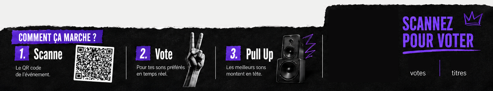 Comment ça marche : 1. Scanne, 2. Vote, 3. Pull Up — Scannez pour voter